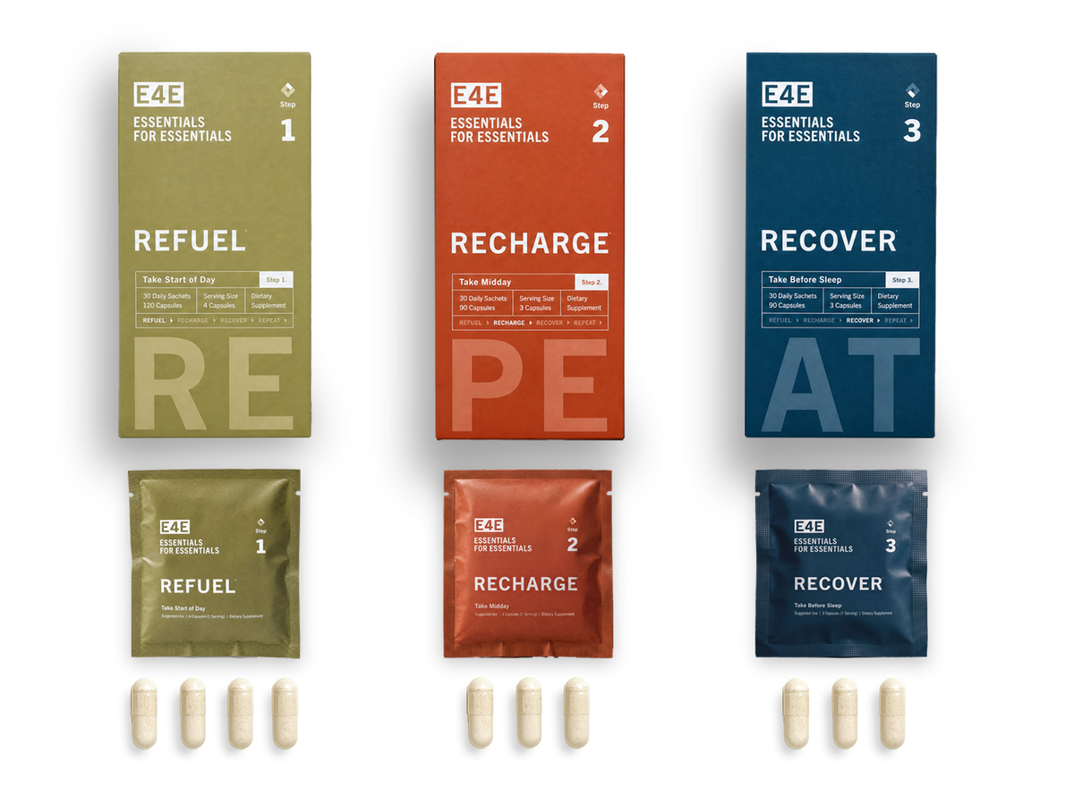 The Essential Routine open carton with REFUEL, RECHARGE and RECOVER dispensers
