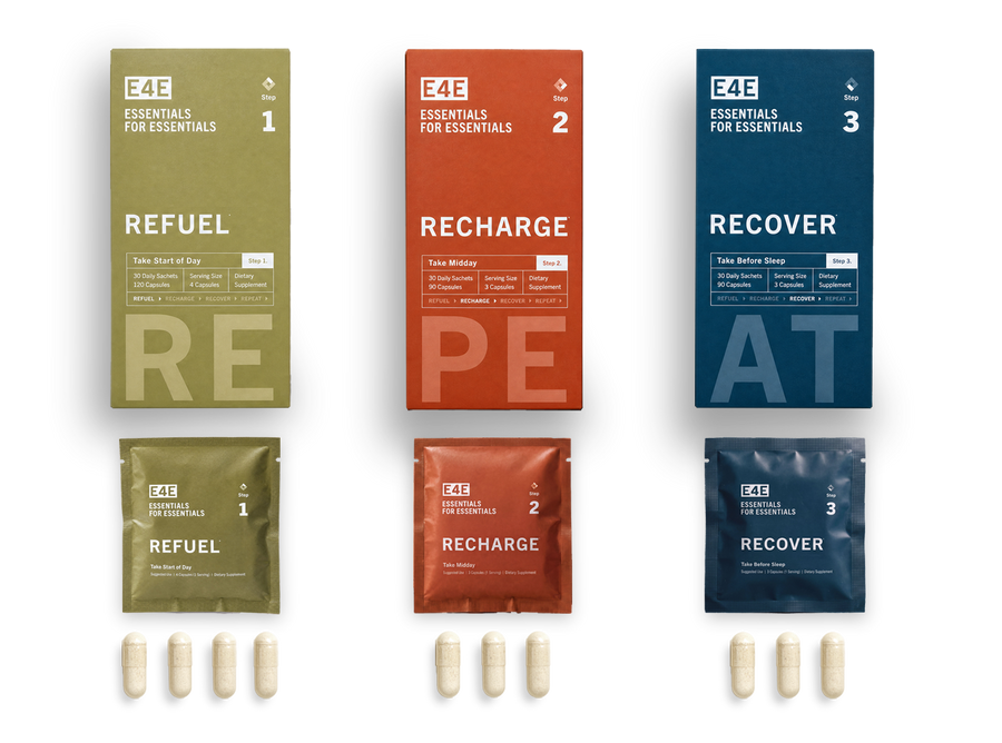 The Essential Routine open carton with REFUEL, RECHARGE and RECOVER dispensers
