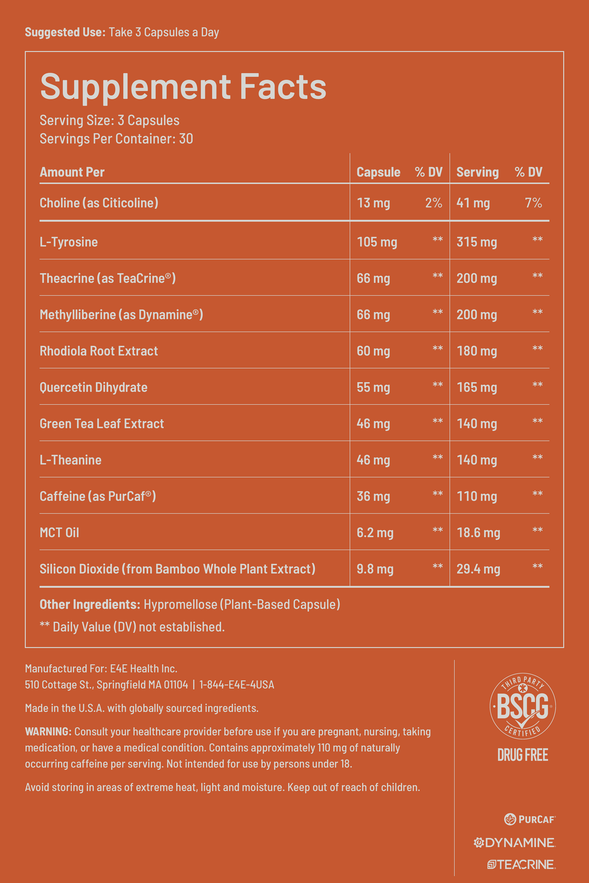 RECHARGE Supplement Facts panel