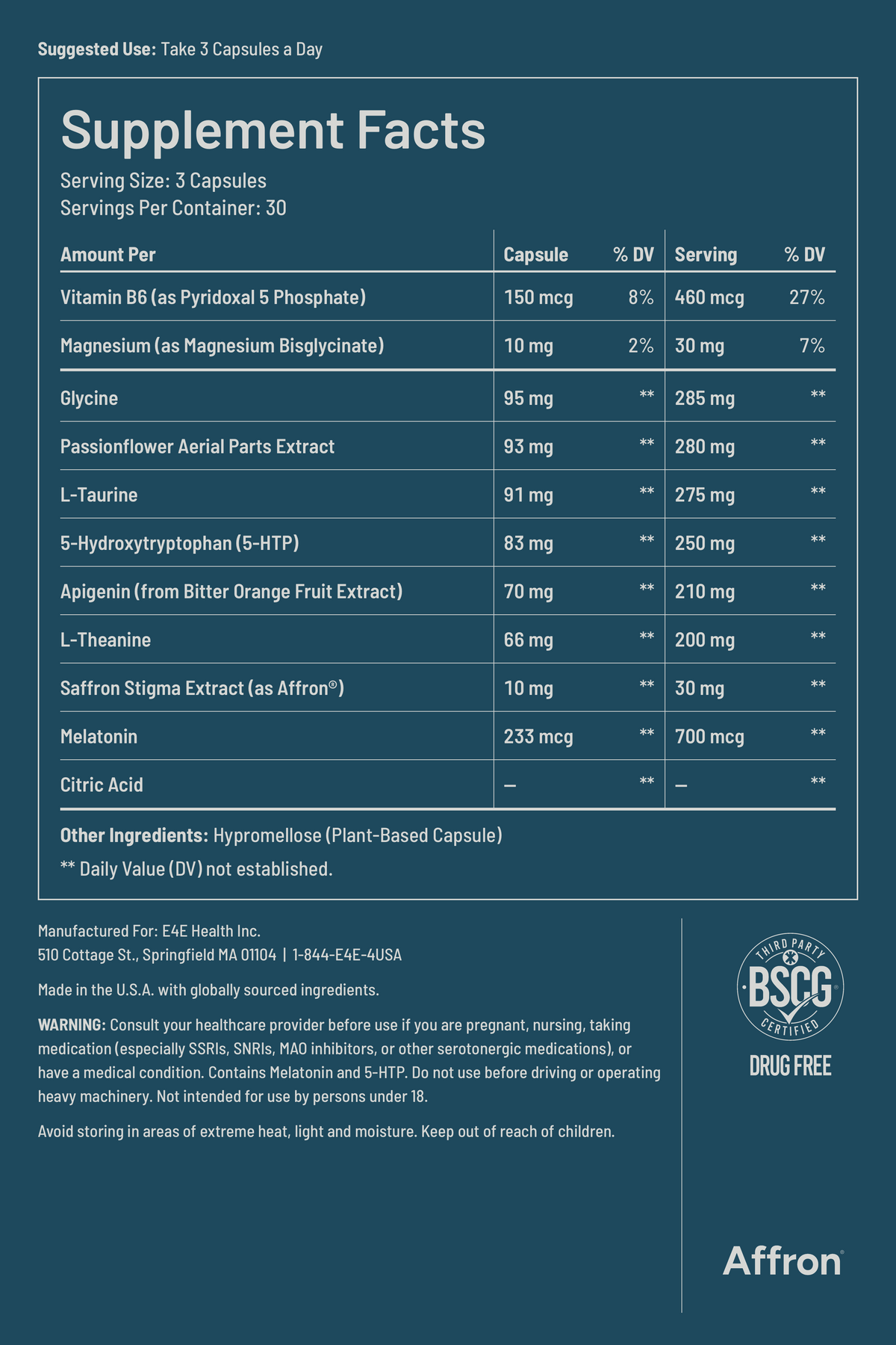 RECOVER Supplement Facts panel