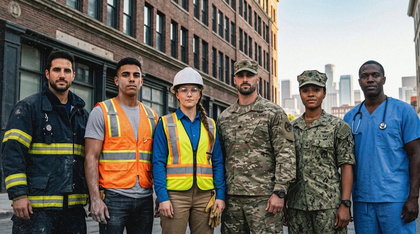 Six Essential Workers standing together on a city street at first light
