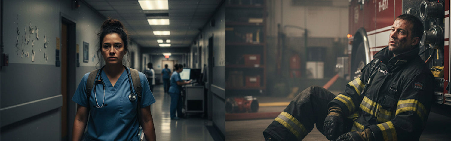 A tired nurse in a hospital corridor and a firefighter after a call