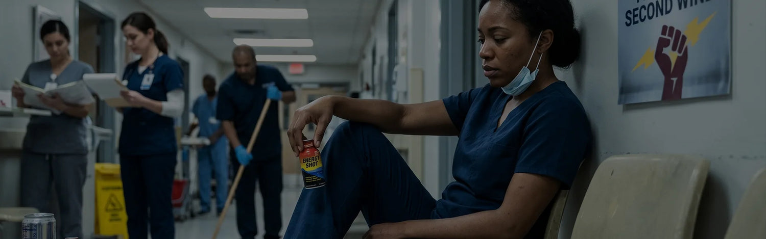 An exhausted nurse sits on the floor of a hospital hallway reaching for an energy shot