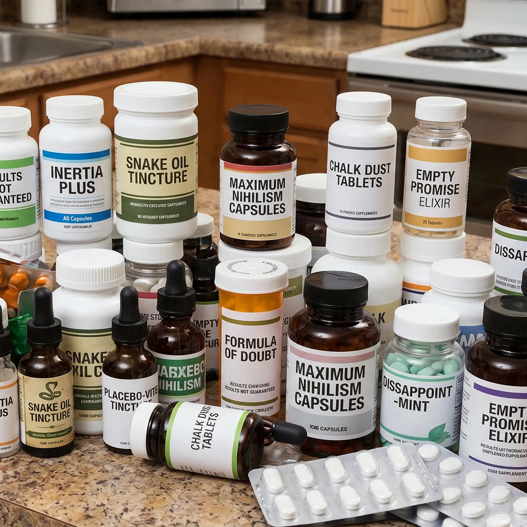 A countertop crowded with mismatched supplement bottles promising quick fixes