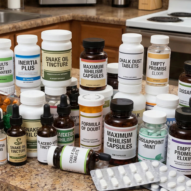 A countertop crowded with mismatched supplement bottles promising quick fixes