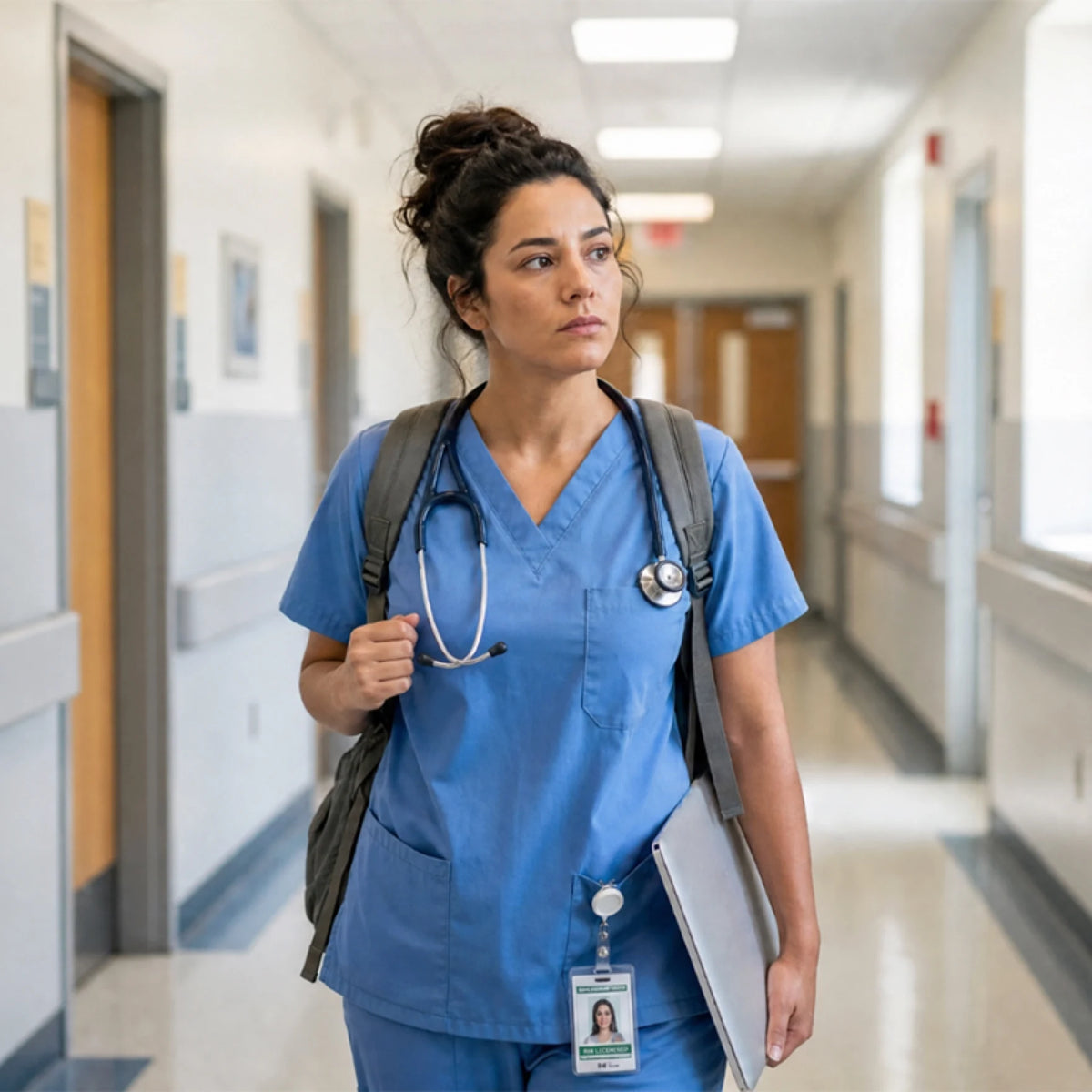 A nurse walking a hospital corridor