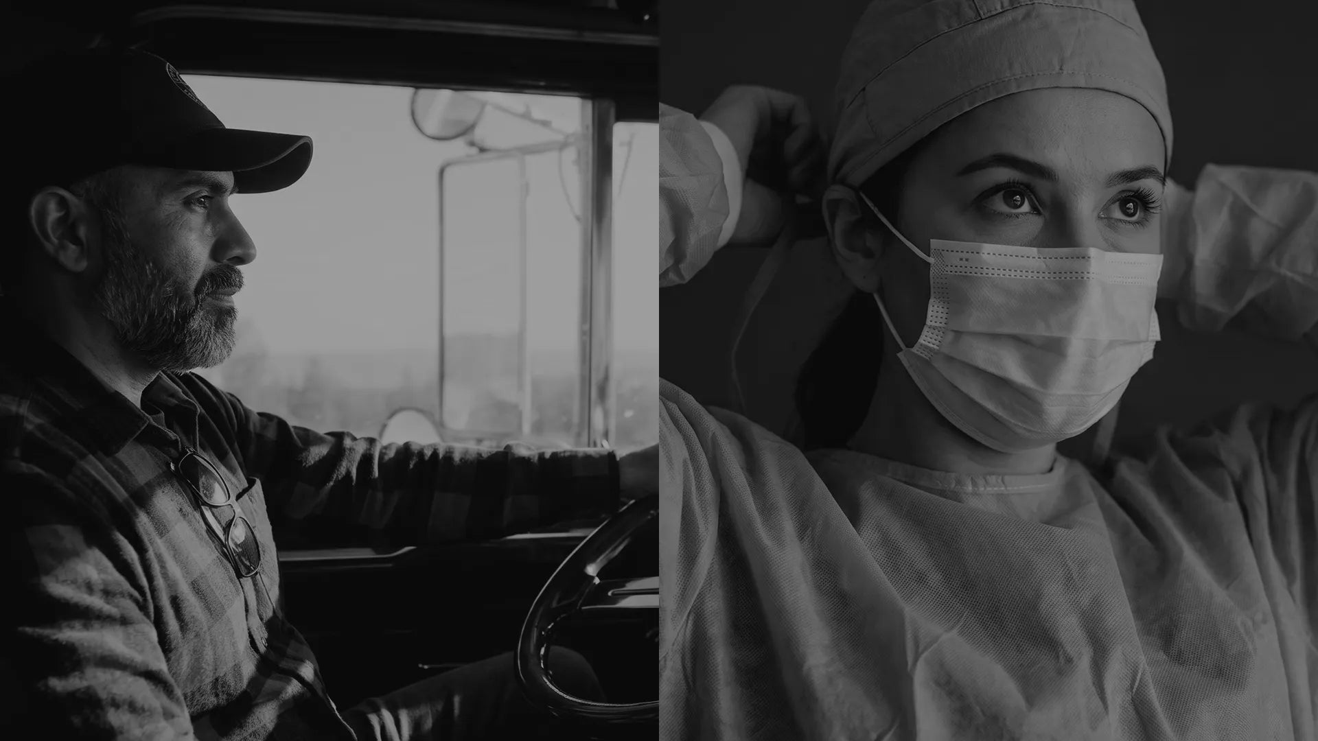 E4E homepage hero — trucker and surgical nurse