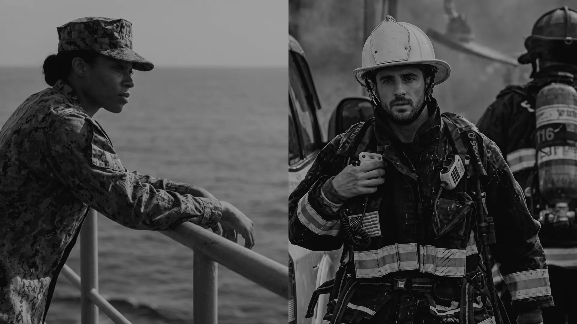 E4E homepage hero — marine and firefighter