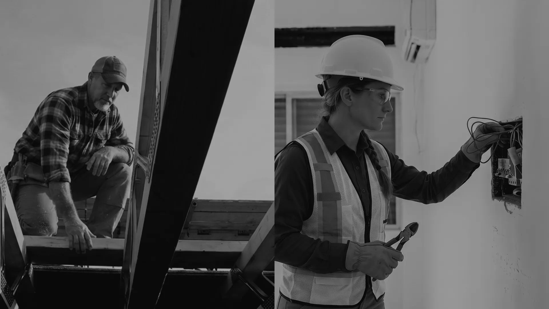 E4E homepage hero — carpenter and electrician