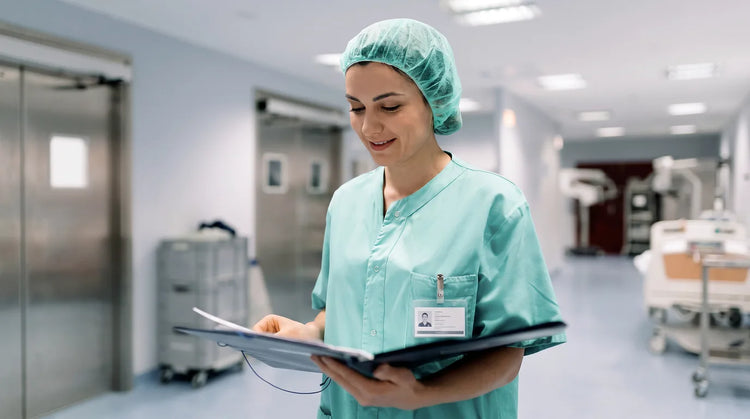 A nurse in green scrubs reviewing a patient folder in a hospital corridor