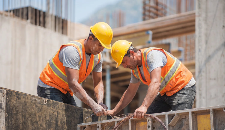Two construction workers in hard hats and hi-vis vests bending wire over formwork on a job site