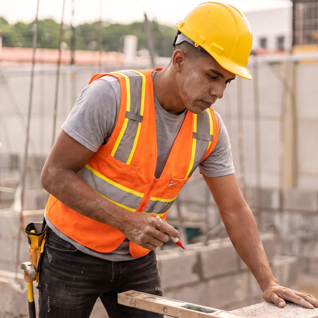 A construction worker in a hi-vis vest marking a concrete block on site