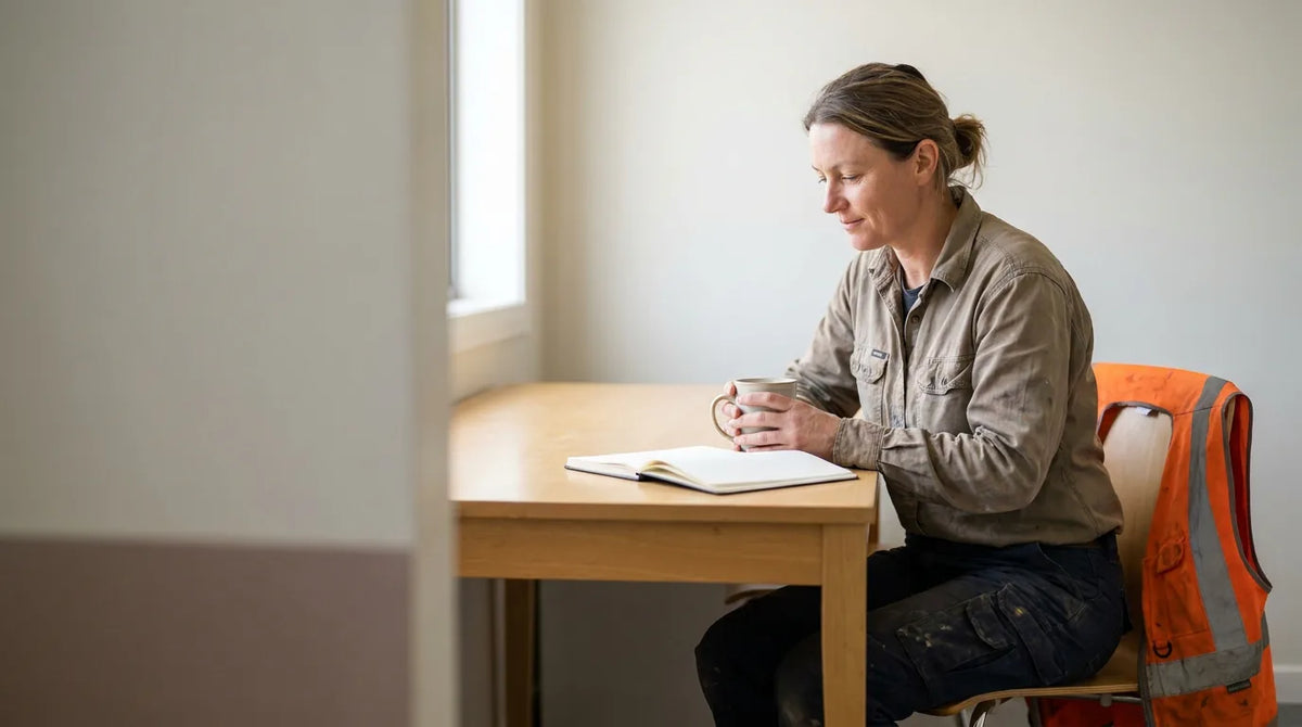 A worker in plain workwear seated at a break table with a notebook open, reading.