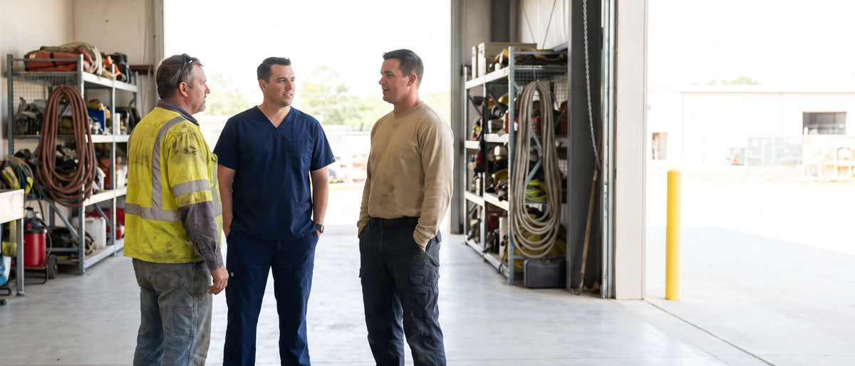 Three Essential Workers in mixed workwear talking together in a bright equipment bay.