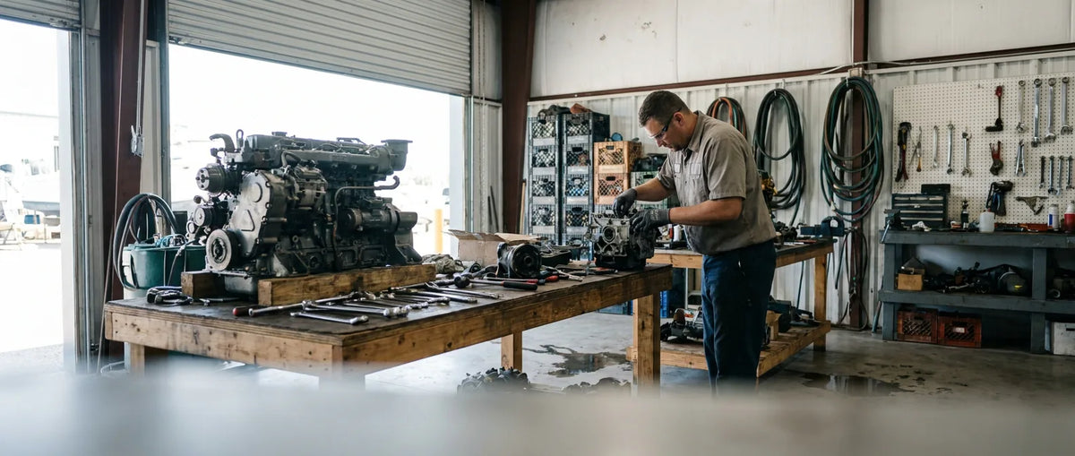 Military and Coast Guard. A marine workshop bay, an engine on the bench, tools laid out.