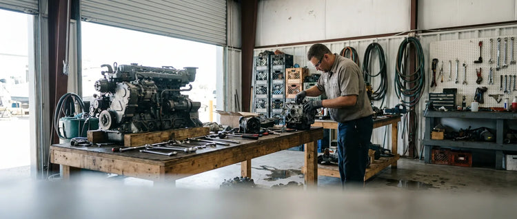 Military and Coast Guard. A marine workshop bay, an engine on the bench, tools laid out.