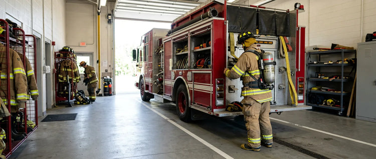 Protective Services. An apparatus bay with the engine in and gear racked in order.