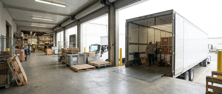 Transportation and Logistics. A loading dock with a trailer backed in and the door rolled up to daylight.