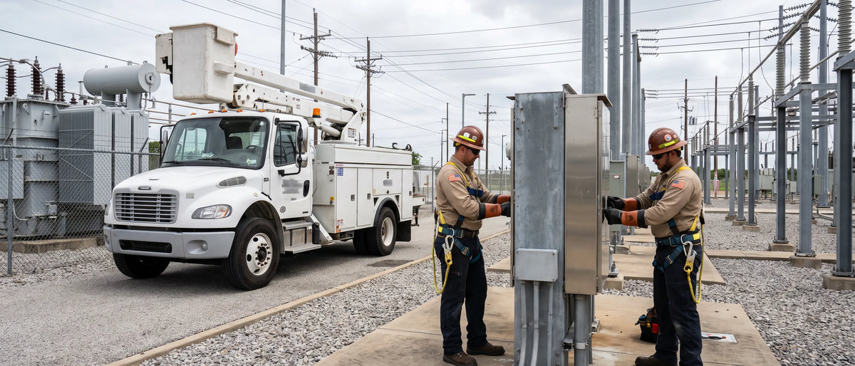 Utilities and Telecommunications. A substation yard under flat overcast, a bucket truck parked at the fence.