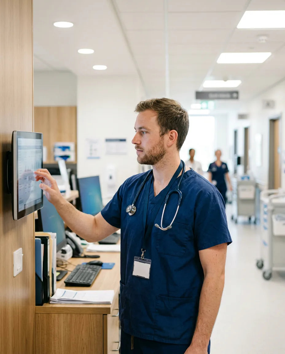 Healthcare and Public Health: a nurse standing at a hospital nurses' station partway through a rotation, updating a chart on a wall-mounted screen, half turned toward the corridor