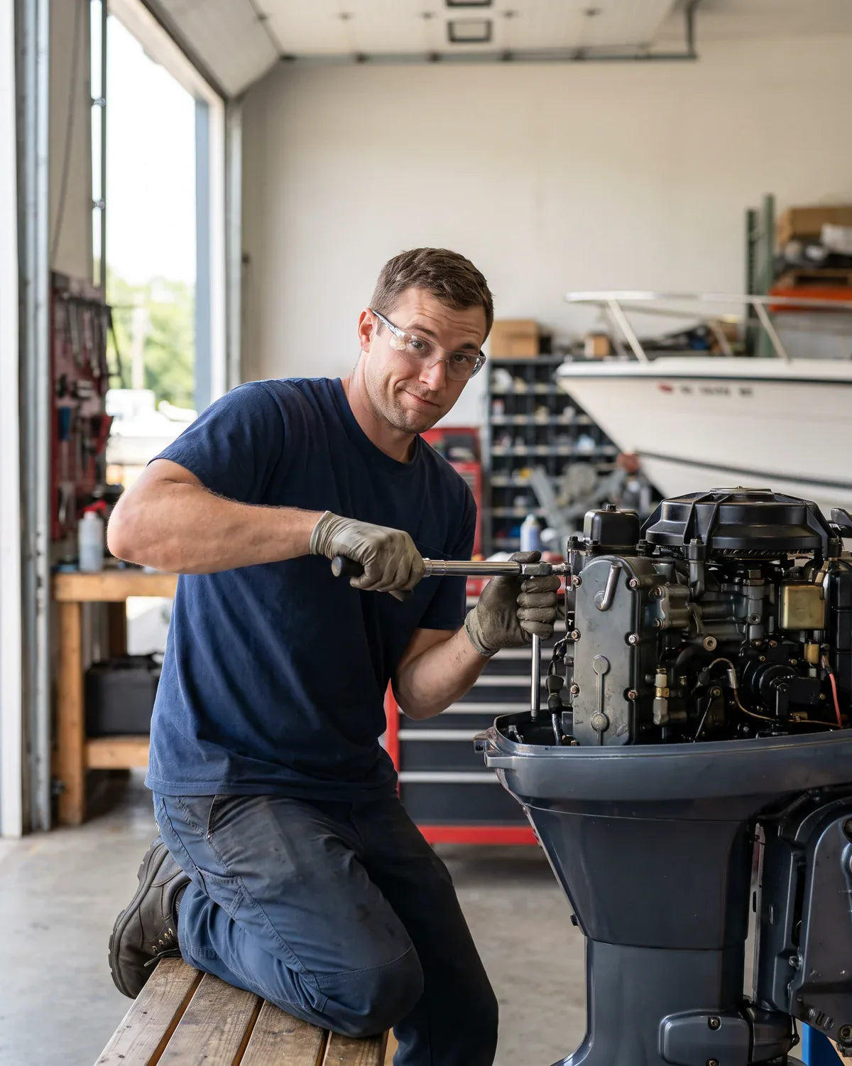Military and Coast Guard: a veteran working as a marine mechanic, kneeling beside an outboard engine on a workshop bench, torque wrench in hand, mid-task