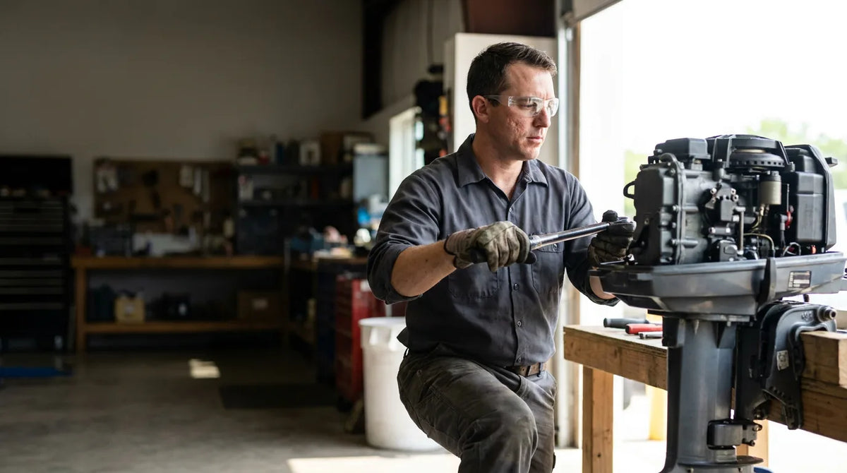 Military and Coast Guard: a veteran working as a marine mechanic, kneeling beside an outboard engine on a workshop bench, torque wrench in hand, mid-task
