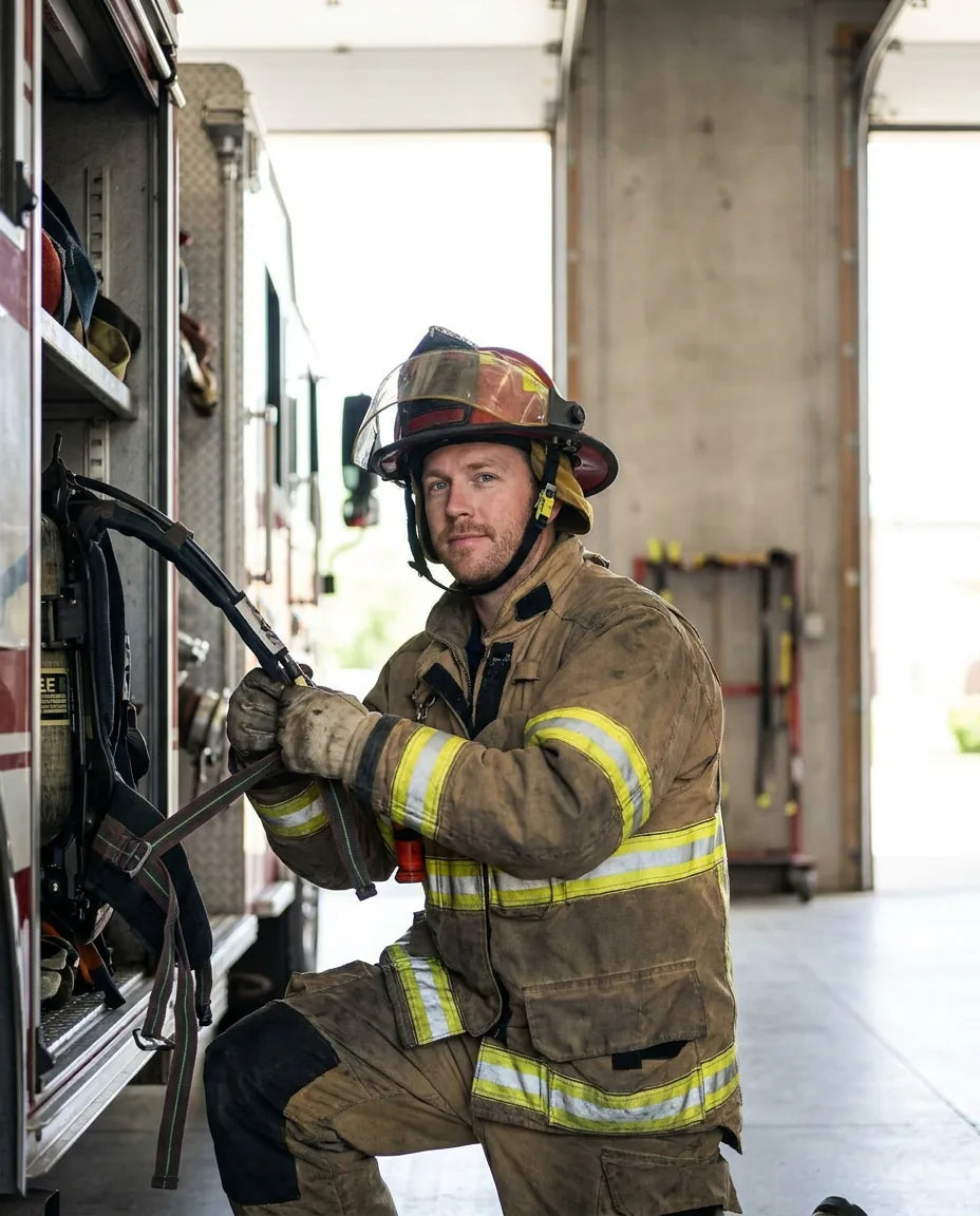 Protective Services: a firefighter in an apparatus bay with the bay doors open to daylight, checking the straps of an SCBA seat mount on the engine, mid-task