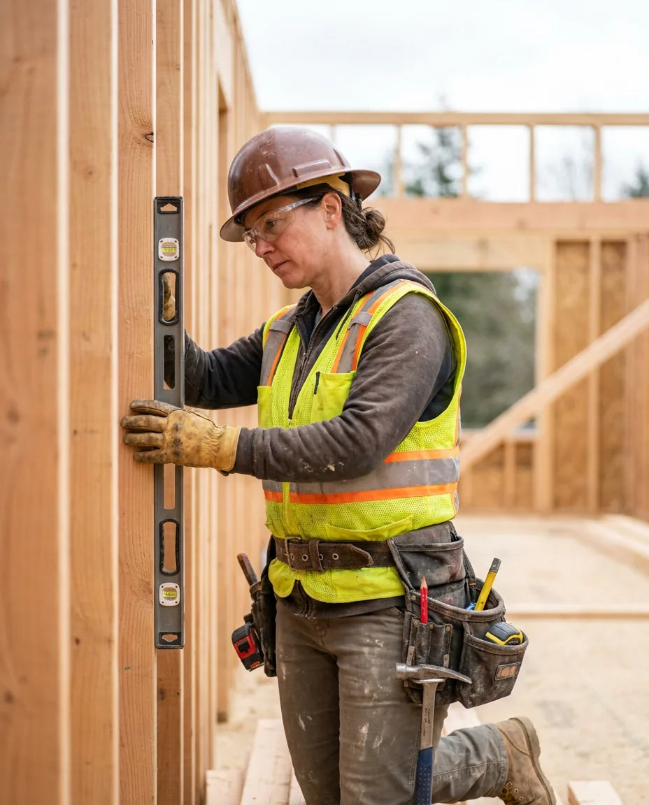 Construction and Skilled Trades: a carpenter on a partly framed residential site, checking a level against a stud wall, mid-task