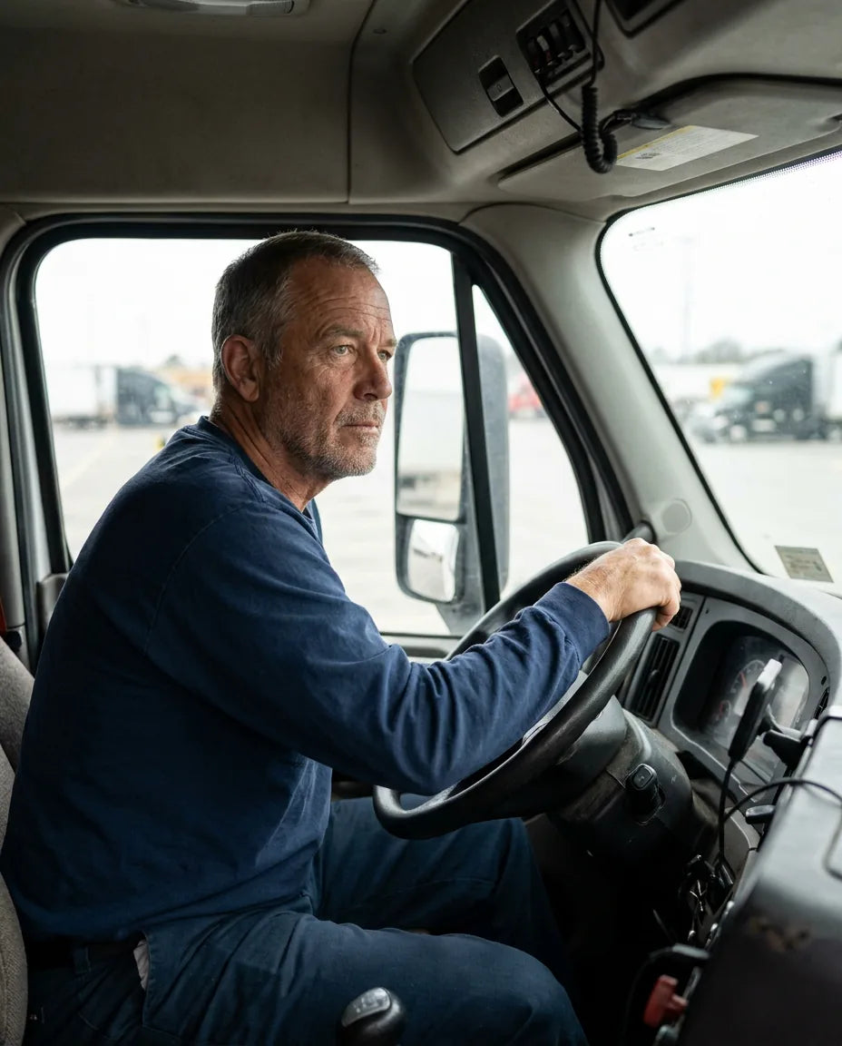 Transportation and Logistics: a driver seated in the cab of a tractor unit at a daytime stop, one hand on the wheel, checking a mirror, doors closed and engine idle