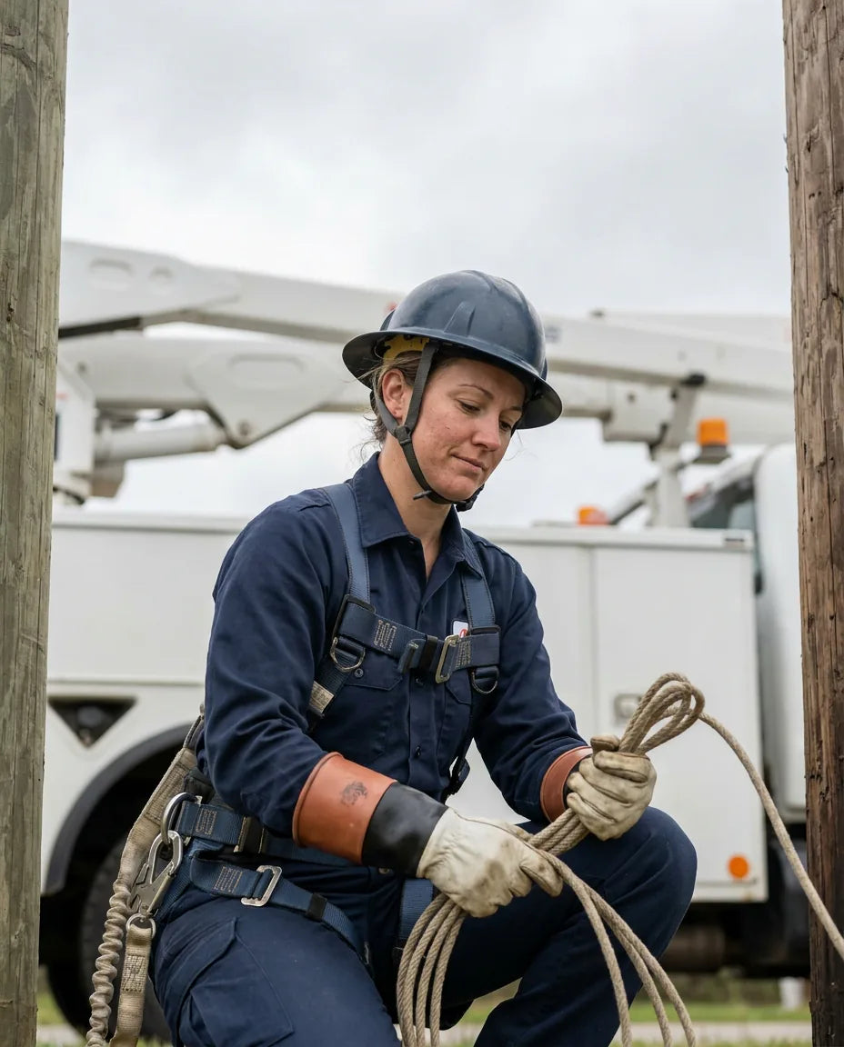 Utilities and Telecommunications: a line worker at the base of a pole beside a bucket truck, coiling a hand line, mid-task