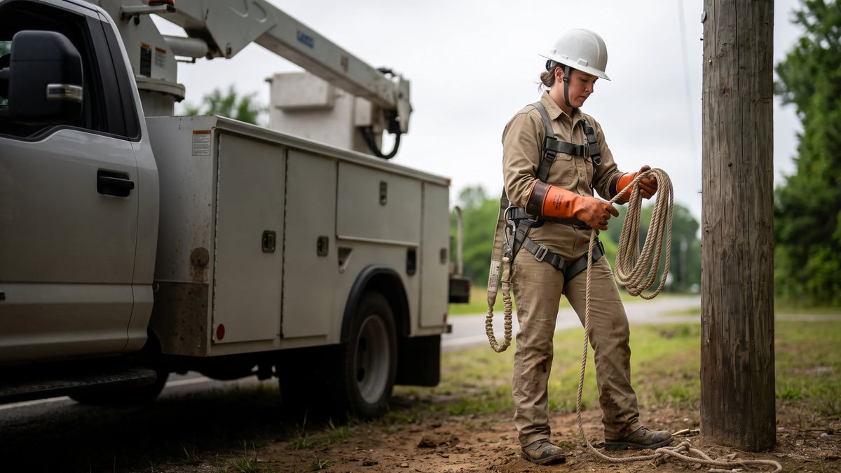 Utilities and Telecommunications: a line worker at the base of a pole beside a bucket truck, coiling a hand line, mid-task