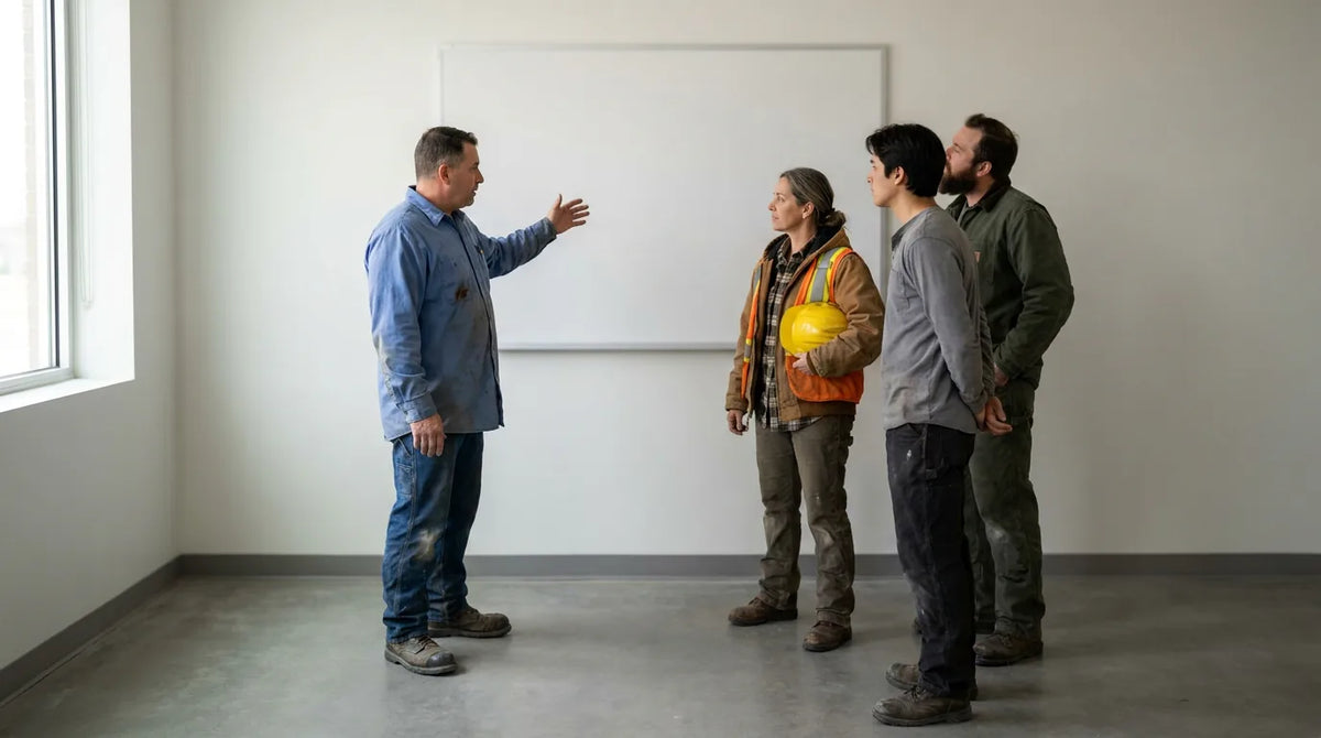 A crew gathered around a plain briefing board at the start of a rotation.
