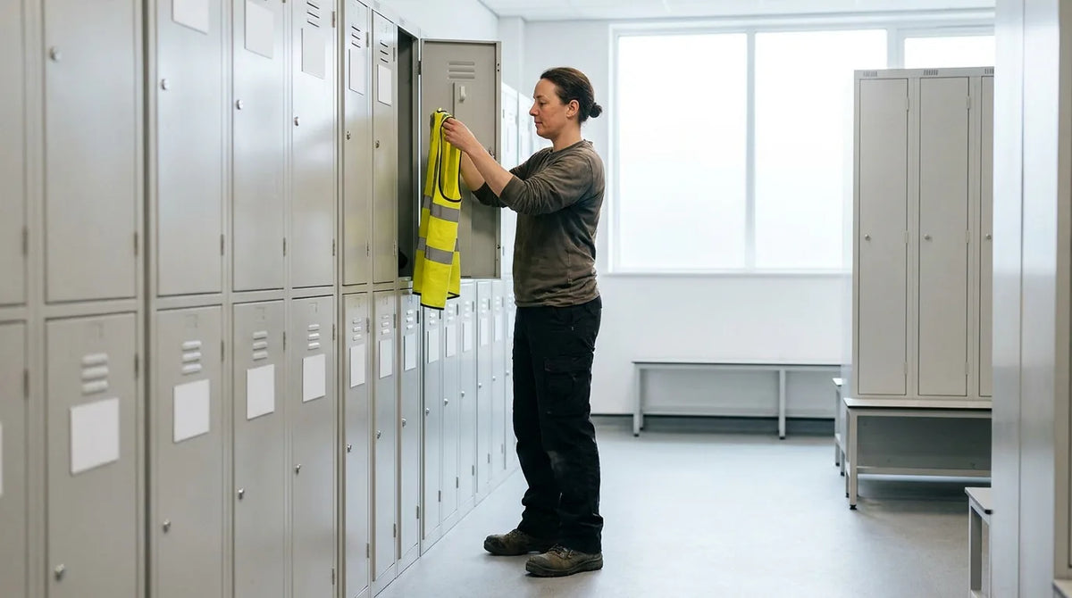 A worker at a locker stowing gear at the end of a rotation, unhurried and composed.