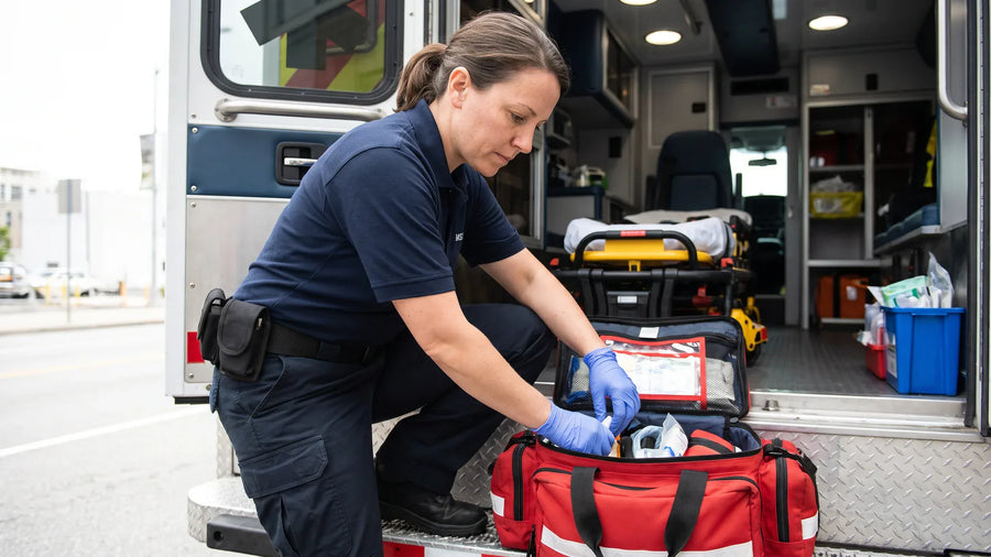 A paramedic restocking a jump bag at the open rear doors of an ambulance in daylight.