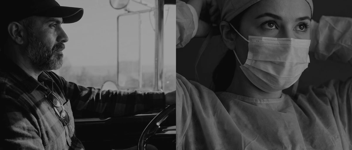 Truck driver at the wheel and nurse tying her surgical mask, side by side