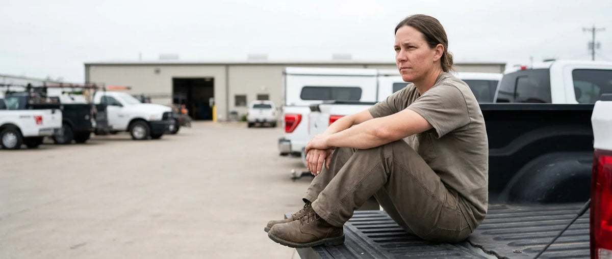 A worker sitting on the tailgate of a work vehicle during a break, looking out across a bright yard.