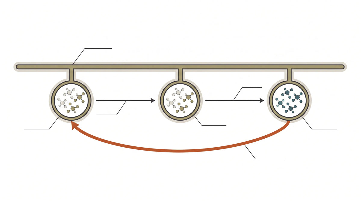 Three sequential delivery nodes along a track, with a fourth element looping the track back to the start.