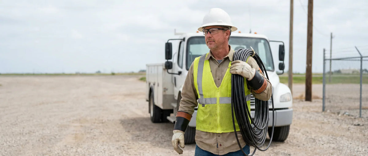 A utility lineworker carrying a coil of cable across a bright yard at the start of a rotation.