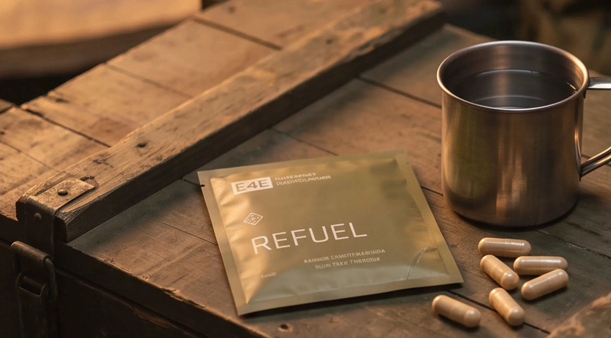 REFUEL sachet, capsules and a steel mug on a wooden supply crate
