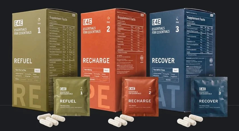 The Essential Routine cartons and sachets: Refuel, Recharge, Recover