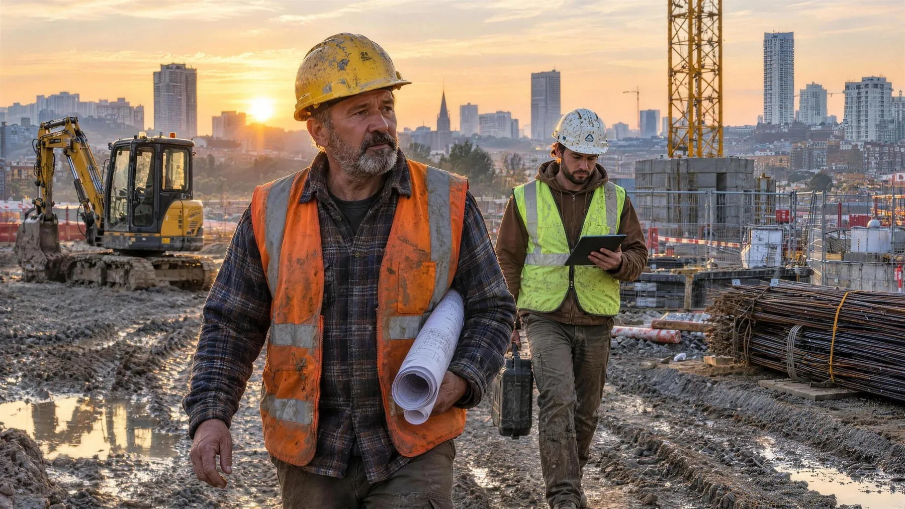 Two construction workers in hi-vis crossing a muddy site at sunrise, cranes and city behind
