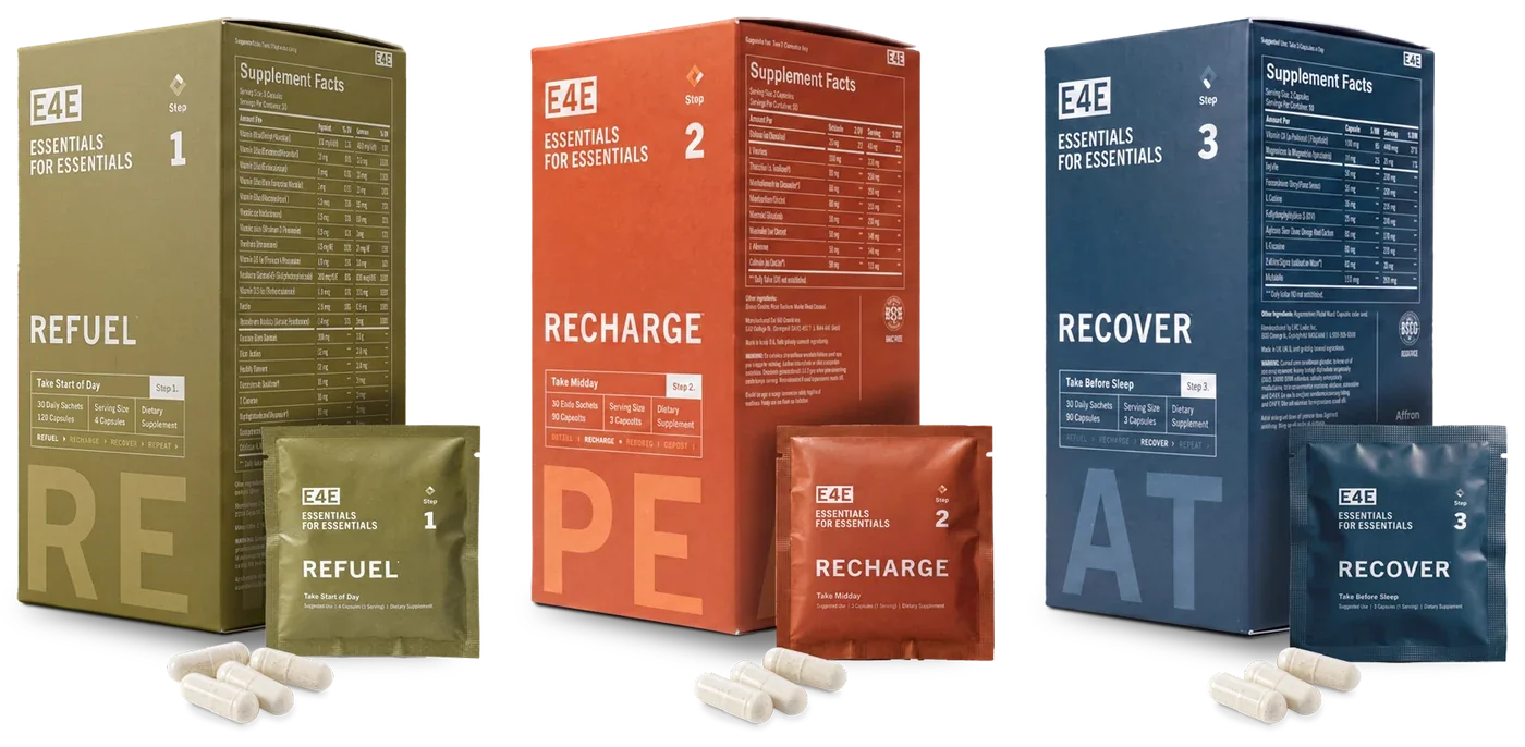 The Essential Routine: Refuel, Recharge and Recover cartons with their sachets