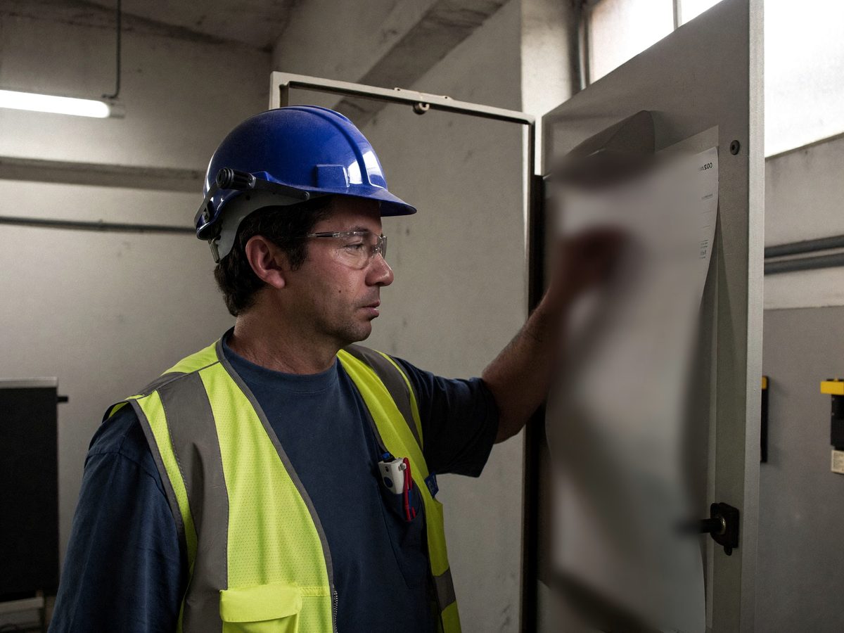 An electrician in a blue hard hat reading the panel schedule inside an open electrical panel