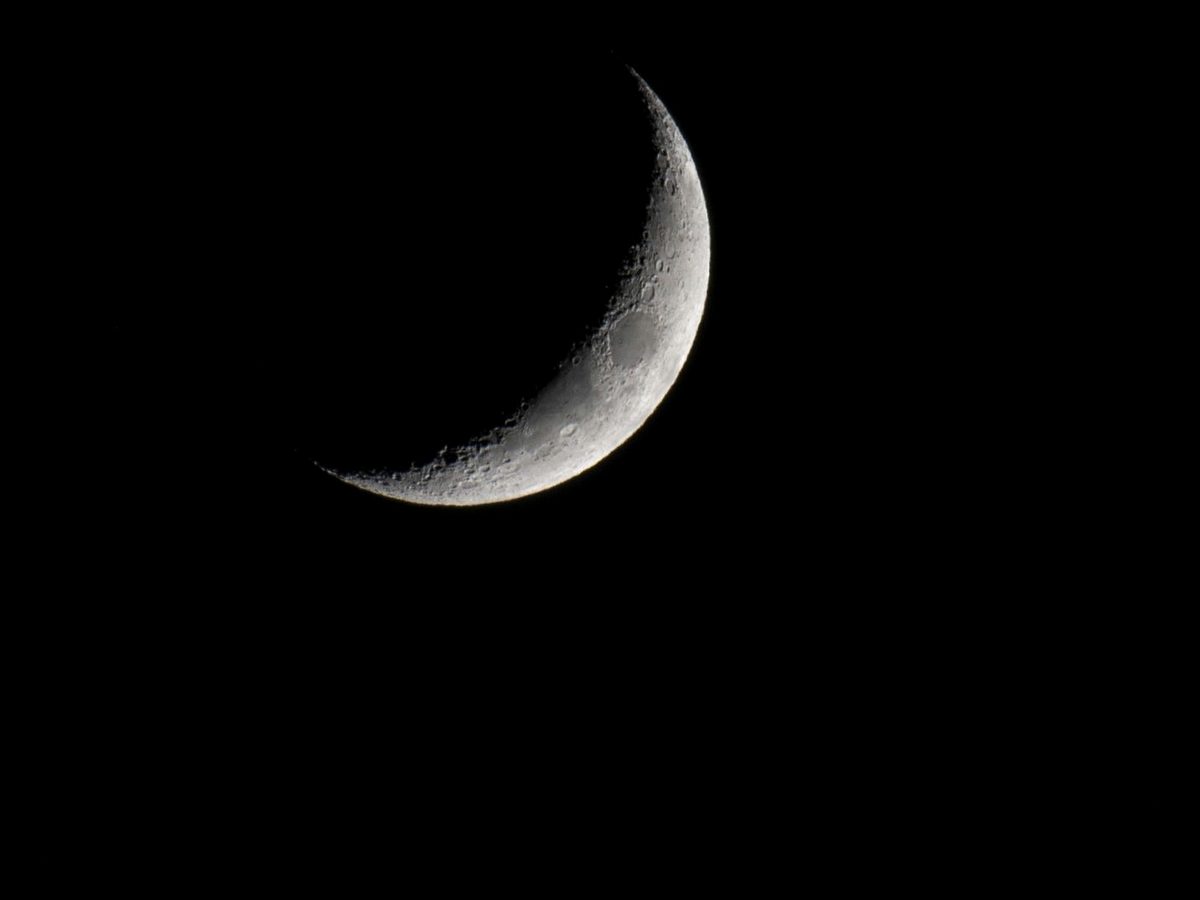 A thin crescent moon in a black night sky