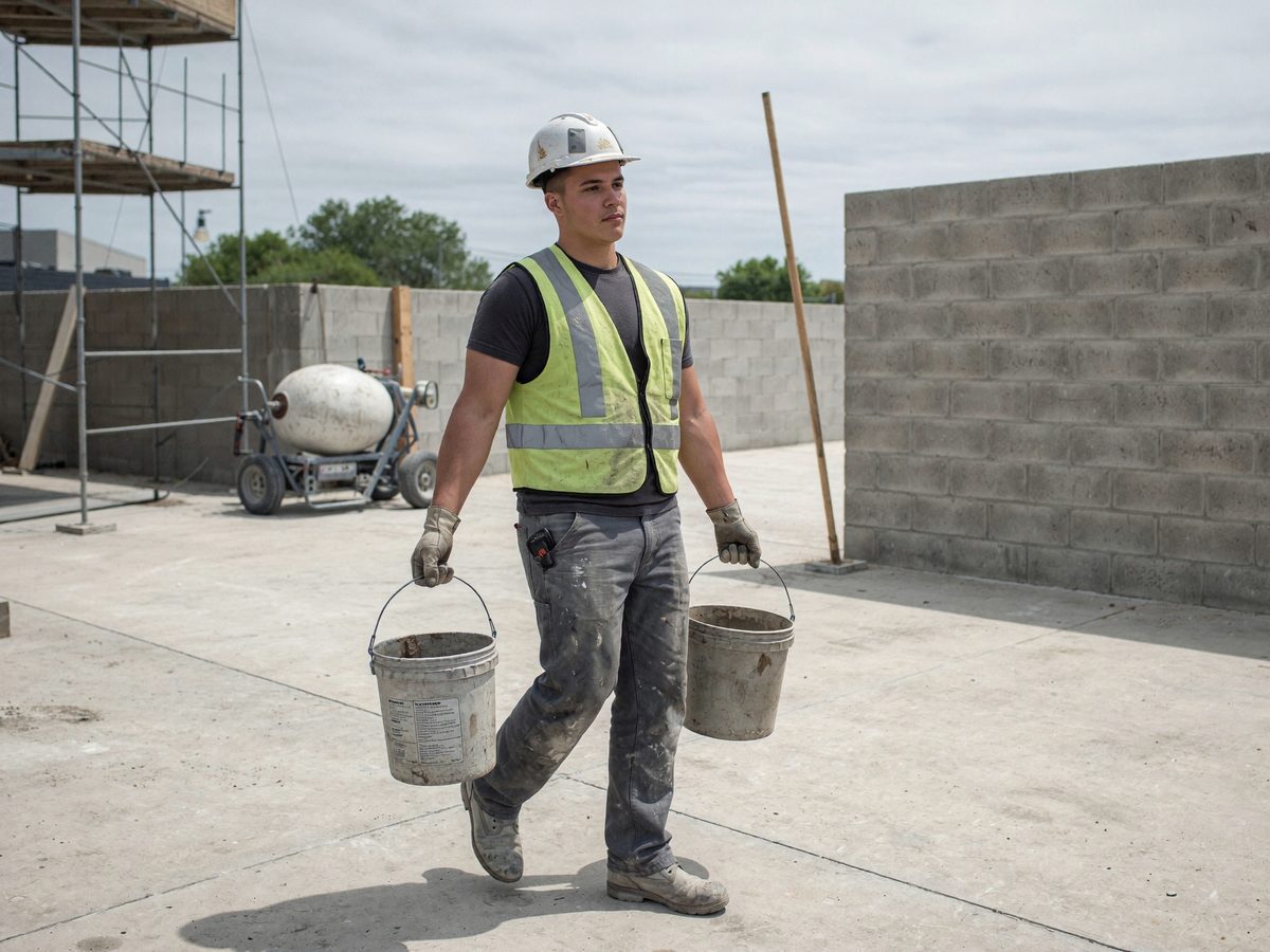 A laborer carrying 2 buckets of mortar across a concrete deck beside a block wall